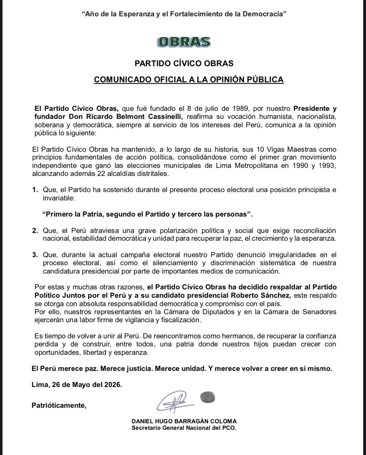 Cívico Obras, de Ricardo Belmont, apoyará a Roberto Sánchez en segunda vuelta: "Es tiempo de volver a unir al Perú"